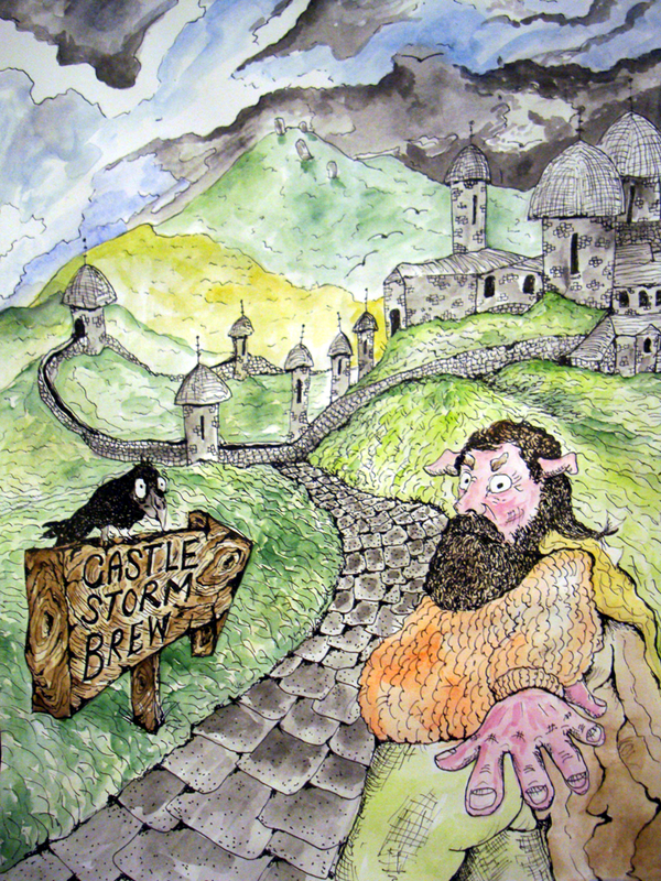 Grimlick the troll on a path to Castle Storm Brew, pointing the way is a crow on a signpost.