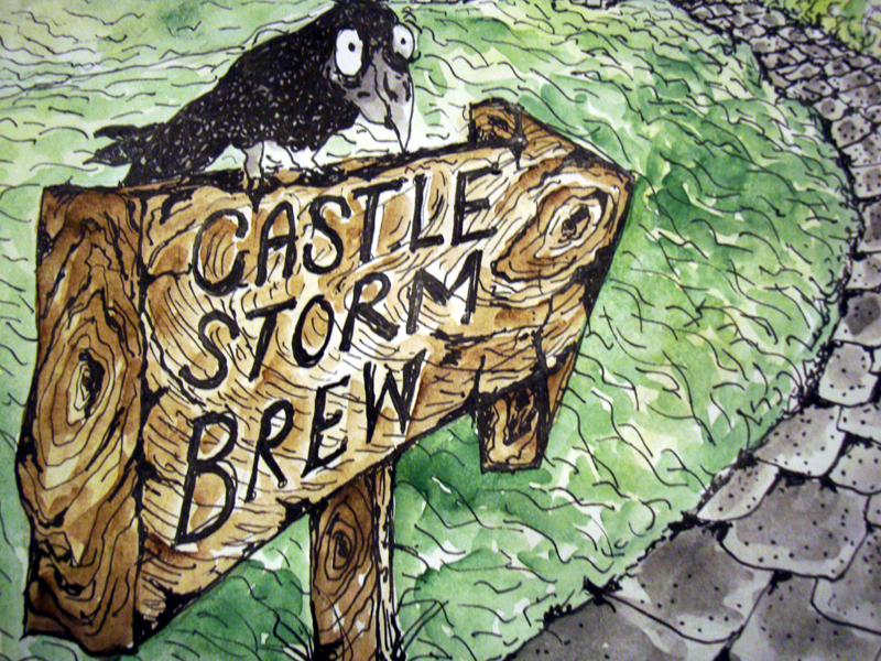 Close up of the crow on the sign pointing the way to Castle Storm Brew.