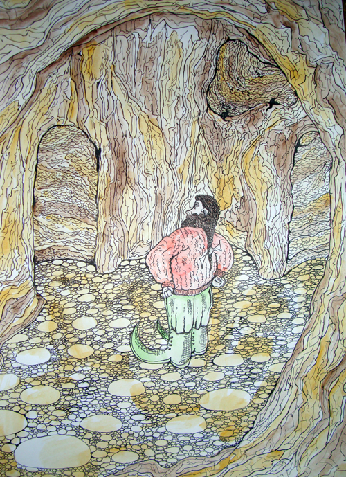 Illustration of Grimlick the Troll wondering which way to go in a cave system.