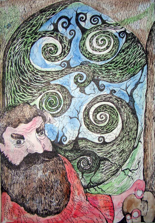Illustration of Grimlick the Troll entering the spiral labyrinth.