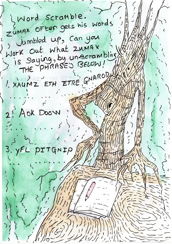 Illustration of Zumax, a tree Dragon, doing a word scramble.